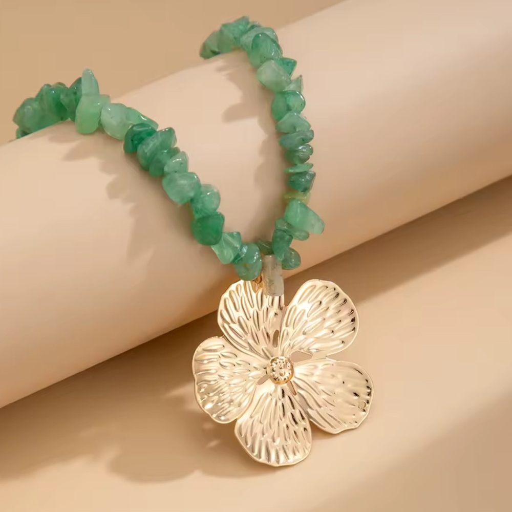 New!Anthropologie Statement Green Gemstone Beaded  with Gold Floral Pendant